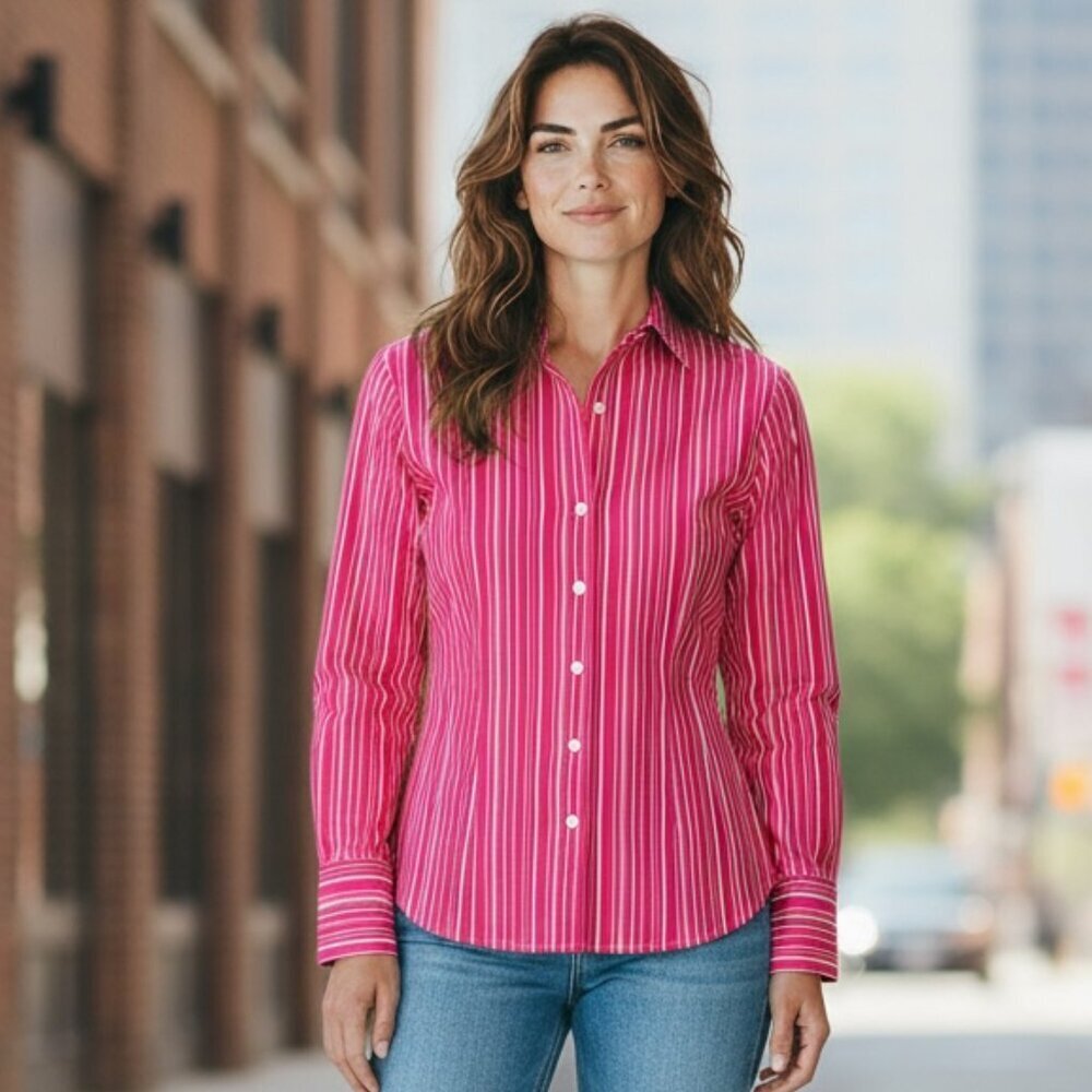 Eddie Bauer Wrinkle Resistant Button Up Top Cotton Sz S Pink Striped #188i